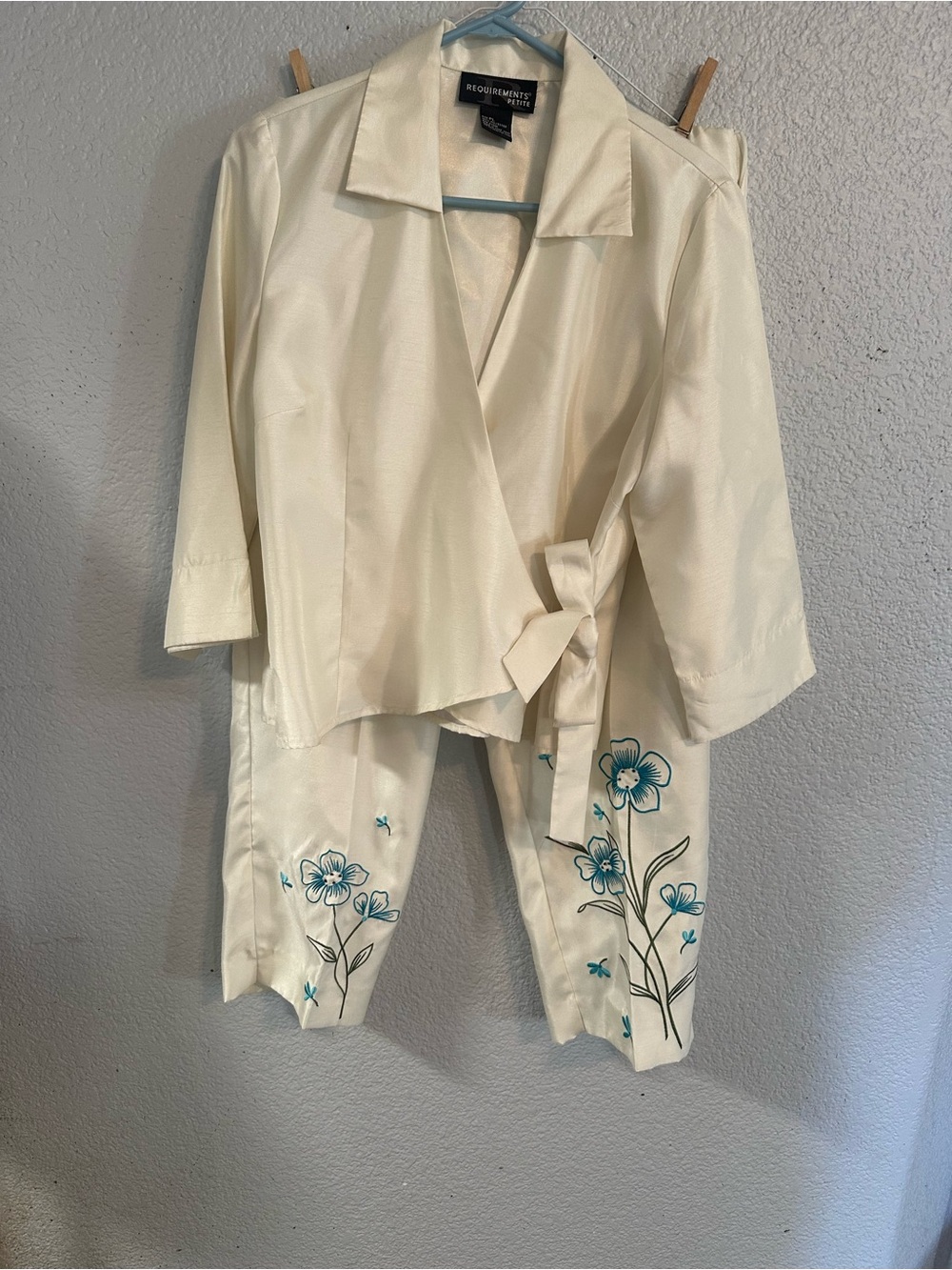 Petite Ivory Silky Wrap Blouse with Flat Front Fitted Pants
